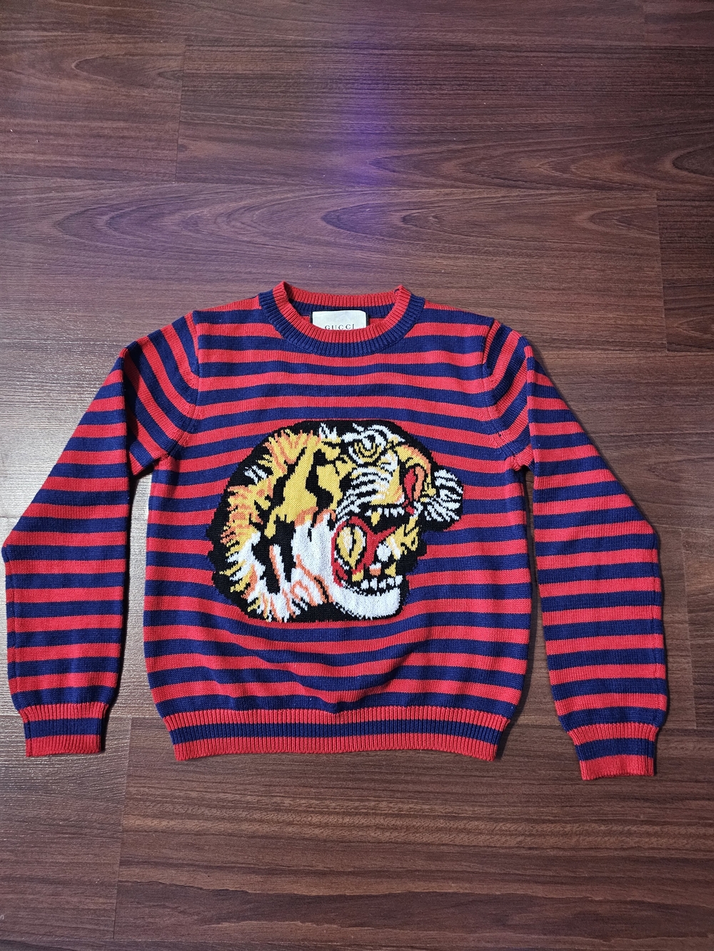 Gucci Red & Navy Striped Crewneck Sweater with Tiger Motif